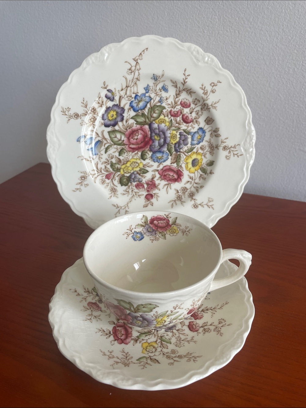 Vintage Crown Ducal Wilmslow Floral Bone China Teacup, Saucer & Plate Set
